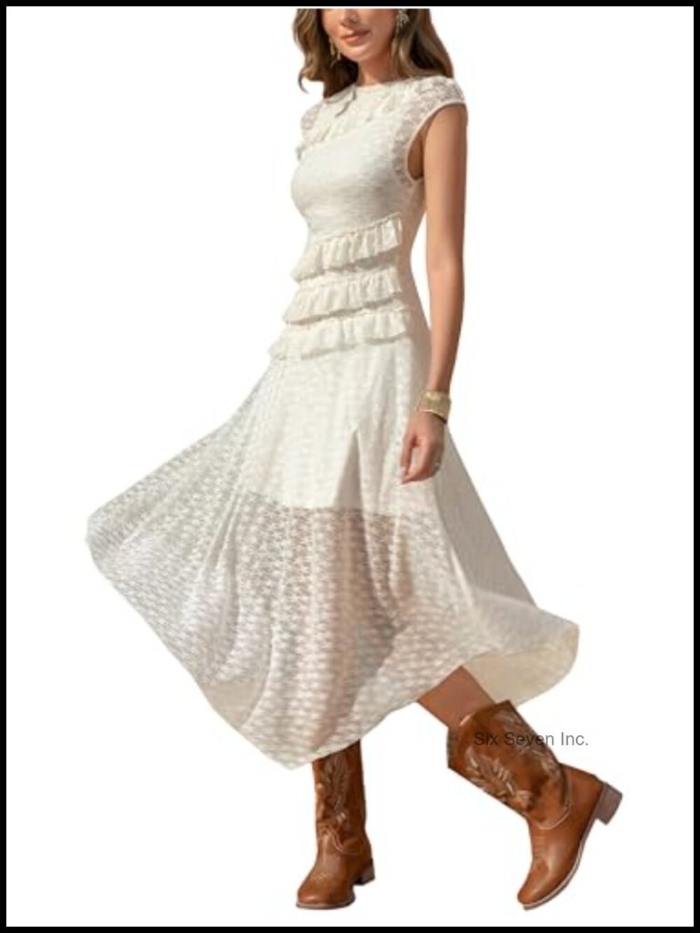 Lace Midi Dress Western Boho Ruffle Asymmetrical Sleeveless Party